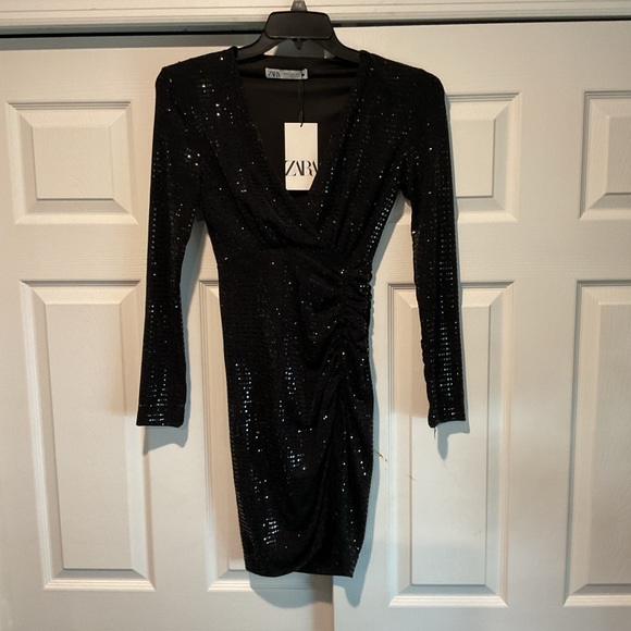 Zara Black Bling Wrap Midi Cocktail Dress Party PROM Wedding Whimsygoth XS, NWT - Picture 3 of 7